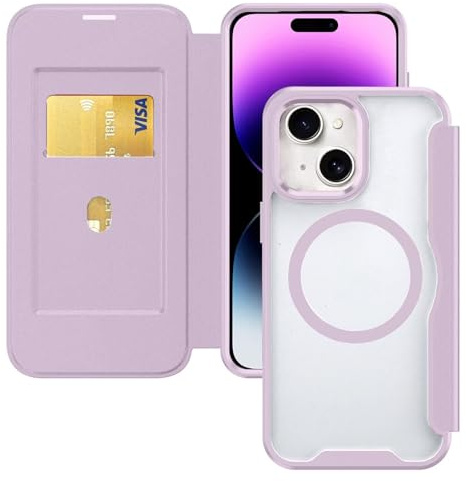 HAONANDE Magnetic Case for iPhone 13 / iPhone 14 Compatible with MagSafe, PU Leather Flip Clear Phone Case with Card Holder, RFID Blocking, Shockproof Protective Transparent Cover Purple