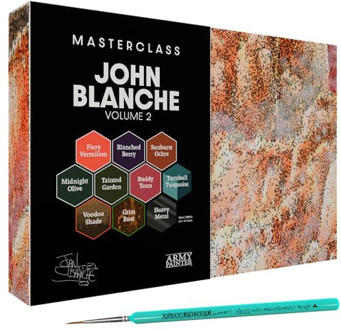 The Army Painter, Masterclass John Blanche Volume 2 combo, 6 Warpaints Fanatic, 1 Speedpaint, 1 lavis, 1 effet, 1 métallique, 1 art print, 1 pinceau – Peinture pour figurines de wargame.