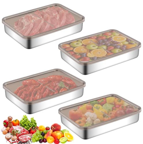 Set mit 4 Aufschnittbox Fresh, Aufschnittboxen für Kühlschrank, Edelstahl Aufschnittdose mit Deckel, Mehrweg, Stapelbare Edelstahl-Box, Frischhaltedose Luftdicht zur Aufbewahrung von Wurst, Käse