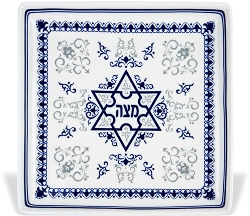 Zion Judaica Assiette à matzah carrée en porcelaine Motif fleurs de lys byzantines et fleurs de lys 27,3 cm