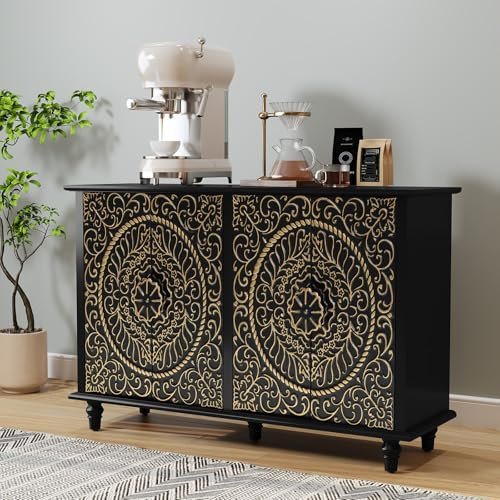HOLTICO Sideboard Wohnzimmer, Küchenschrank Kommode mit 4 Türen Buffetschrank Aufbewahrungsschrank für Wohnzimmer, Küche, Esszimmer Schwarz
