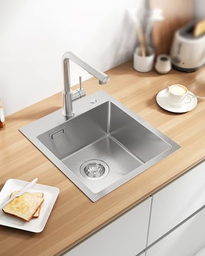 Sofetiy Evier Cuisine 1 Bac 40x45cm, Evier Inox avec Siphon et Trop-plein, Lavabo Cuisine sous Plan, Petit Cuve Simple pour Meubles Bas de 40 cm