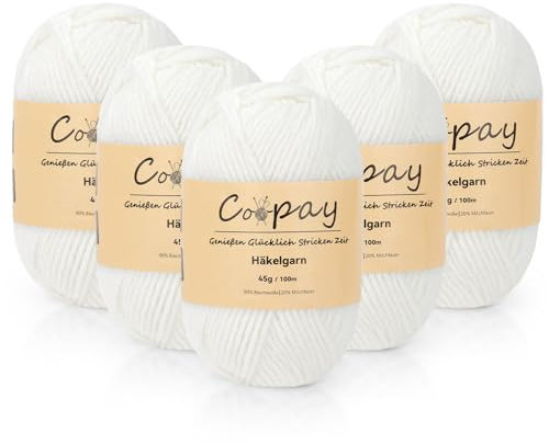 Coopay Wolle zum Häkeln, 225g (5x45g) Weiches Häkelgarn, 5 Faiding Wolle zum Stricken, Babywolle zum Häkeln für Anfänger, Super Weich Häkelgarn Babywolle für Häkel- und Strickprojekt - Weiß
