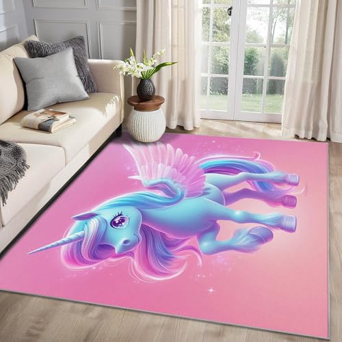 MMYAOKEN Einhorn Teppich Wohnzimmer 120x170 Kinder Mädchen Rosa Deko, Teppich Kurzflor, Weich rutschfest Waschbare Teppiche, Bettvorleger Schlafzimmer Kinderzimmer A&-187