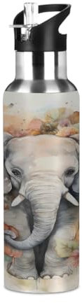 Mexpekil 20oz Thermal Flask, Watercolor Elephant Stainless Steel Insulated Water Bottle with Straw, Leakproof Sports Bottle for Gym, Travel, Workouts