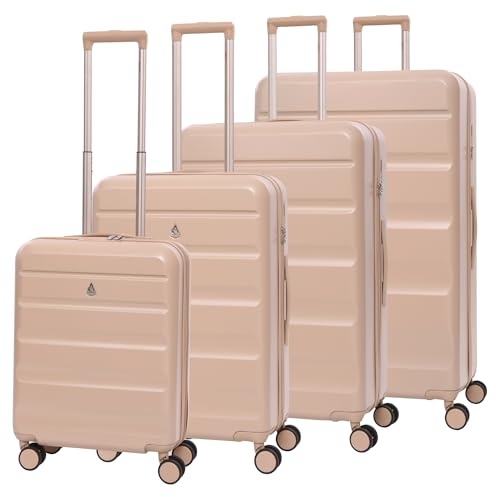 Aerolite Lightweight ABS Hard Shell 4 Wheel Spinner 4 Piece Travel Luggage Suitcase Set, Cabin + Medium + Large + Extra Large (Beige)