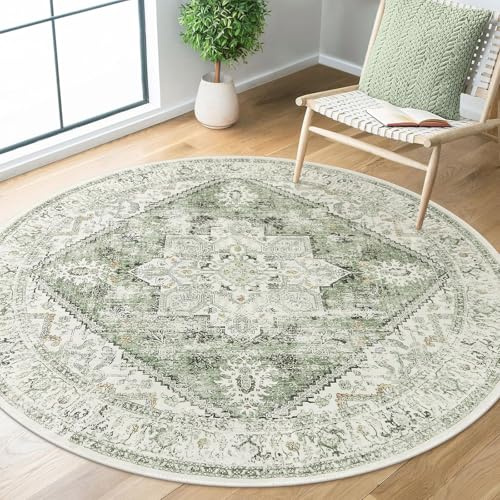 Generisch Teppich Rund,Vintage Blumenmuster Orientalisch, Grün, ø 200 cm, Kurzflor Teppiche Modern Designer Flur Schlafzimmer Küche Wohnzimmer,
