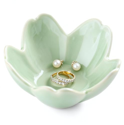 Sage Green Ceramic Flower Ring Dish Jewelry Tray, Small Trinket Dish | Ring Bowl Jewelry Holder Organizer for Vanity/Bathroom/Nightstand, Birthday/Xmas/Engagement Gift for Women/Best Friends/Bride