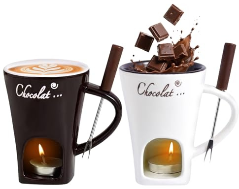 2 Pcs Chocolate Fondue Mug with Forks Chocolate Melting Cup Ceramic Butter Warmers Pot Set (White+Coffee)