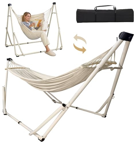 2 in 1 Hammock & Hanging Chair with Foldable Stand, Portable Hammock with Stand Carry Bag, Indoor Outdoor Garden Hammock Chair for Patio Balcony Camping,Beige