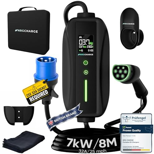 EV Charger CEE 32A Plug | Portable EV Charger Type 2, 3-7kW | Single Phase, Cabel, 6-32A | Electric Car Charger | Home Car Charger | Fast Charging, Compact, Travel-Friendly (7kW, 8 Meter)