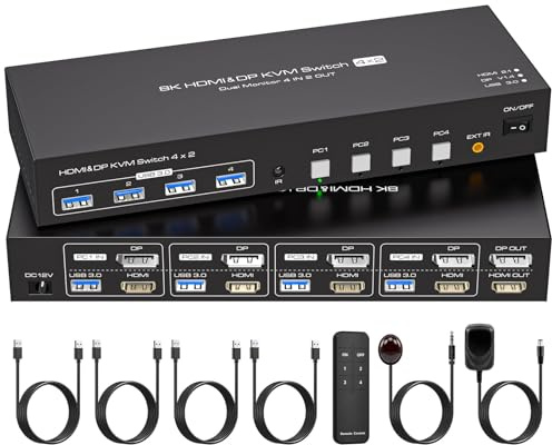VPFET 4K144Hz KVM Switch 4 PC 2 Monitore HDMI Displayport 8K60Hz | DP 1.4 HDMI 2.1 4 port KVM Switches für 4 Computer Aktie 2 Monitors und 4 USB 3.0 Inklusive DC12V-Adapter und 4 USB3.0 Kabel