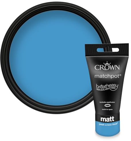 Crown WALLS & CEILINGS Mid Blue Matt Paint Tester Pot - Sample 40ml | Try Peek-A-Boo Blue before you buy. See the true colour on your wall, in your own light. Low VOC, low odour, breatheasy