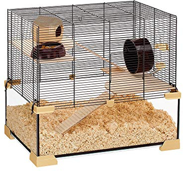 Ferplast Käfig für Hamster oder Mäuse Karat 60 Kleine Nagetiere, Zwei Ebenen mit Zubehör, aus Glas und Metallgitter