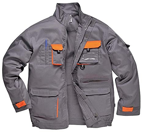Portwest TX10 Texo Kontrast-Jacke 1 Reißverschlusstasche 2 Gesäßtaschen | Grau, L, UPF 50+, Baumwolle, Polyester, Stehkragen, Langarm, Normalgröße, Arbeitsjacke, Klettverschluss, Ärmeltasche, Robust