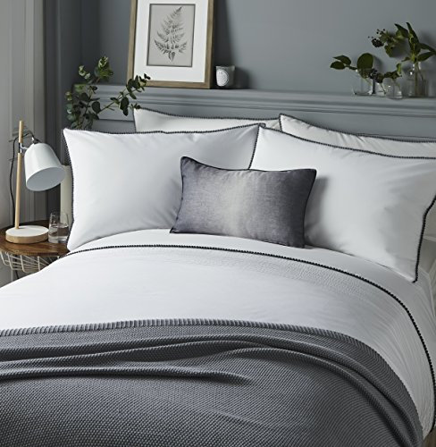 Serene - Pom Pom - Easy Care Duvet Cover Set | Double Bed Size | White Bedding with Grey Pom Poms