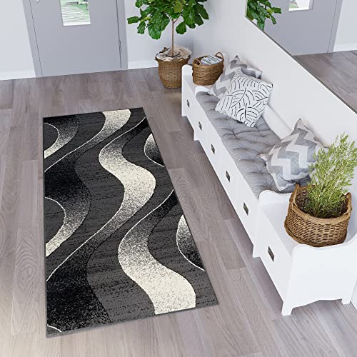 TAPISO Dream Teppich Läufer Flur Brücke Modern Streifen Wellen Streifen Muster in Dunkelgrau Creme Schwarz Korridor Wohnzimmer ÖKOTEX 120 x 350 cm