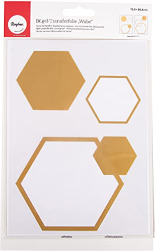 Rayher 53981616 Bügel-Transferfolie Motiv Wabe, gold, 2 Bögen, 5 Waben 6-13,5 x 5,1-15,5 cm, T-Shirtfolie zum Aufbügeln, Bügelfolie, Textil-Bügelfolie Motiv Herz