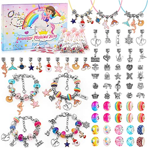 Nabance Schmuck Bastelset Mädchen Charm Armband Kit DIY Armbänder Selber Machen DIY Schmuck Making Kit mit 60 Perlen 4 versilberte Kette 3 Halskette 5 Taschen Geschenkbox Mädchen Geschenke 5-12 Jahre