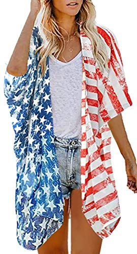 Damen-Kimono-Cardigan mit amerikanischen Flaggen, lockere Passform, lässige Bluse (Amerika-Flagge 2XL)