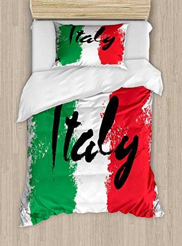 ABAKUHAUS Italien Bettbezugs Set für Einzelbetten, Italienische Flagge Bunte Grunge, Milbensicher Allergiker geeignet mit Kissenbezug, 130 x 200 cm, Rot Grün