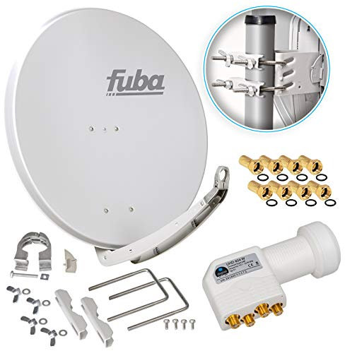 Fuba DAA 850 G 85cm Sat Schüssel Hellgrau Satellitenantenne Aluminium Reflektor + HB-DIGITAL UHD Quad LNB 4 Teilnehmer Direktanschluss weiß 4K Ultra HDTV Full HD 3D fähig + 8X F-Stecker vergoldet