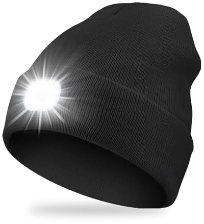 LED Beanie Hat with Light Built in USB Rechargeable Rechargeable Head Torch USB Winter Lighted Headlight Gift for Men and Women Hat with Torch Built in Stocking Fillers Gifts for Dad Black