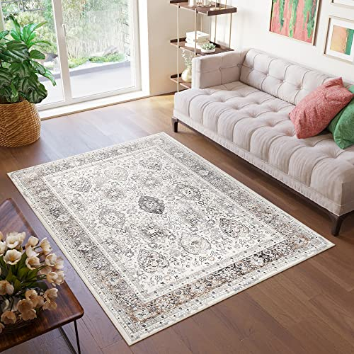TAPISO Valley Teppich Kurzflor Weiß Beige Grau Vintage Rahmen Ornamental Used Effekt Meliert Verwischt Wohnzimmer Schlafzimmer ÖKO-TEX 200 x 300 cm
