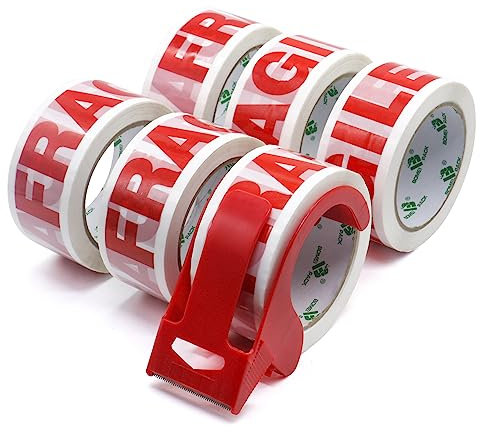BOMEI PACK Nastro da Imballaggio Fragile, Nastro da Imballaggio per Pacchi, 6 Rotoli da 48 mm 66 m, Dispenser da 1 Pezzo