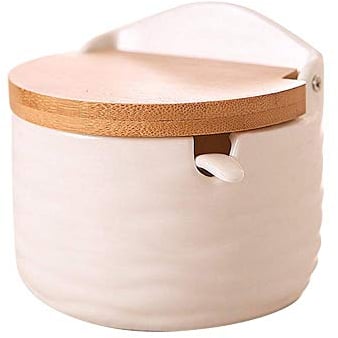 Pot à épices de cuisine, bol en céramique avec couvercles en bambou et cuillères à sucre en porcelaine, pots à épices pour assaisonnement, boîte à épices pour la maison (costume A)