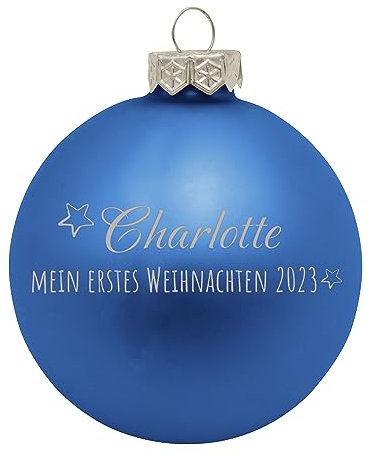 Deitert Weihnachtskugel mit Wunschtext Gravur, Ø 8cm, personalisierte Christbaumkugel aus Glas (matt), Individueller Weihnachtsbaumschmuck Namen oder Spruch, Mein erstes Weihnachten, Blau