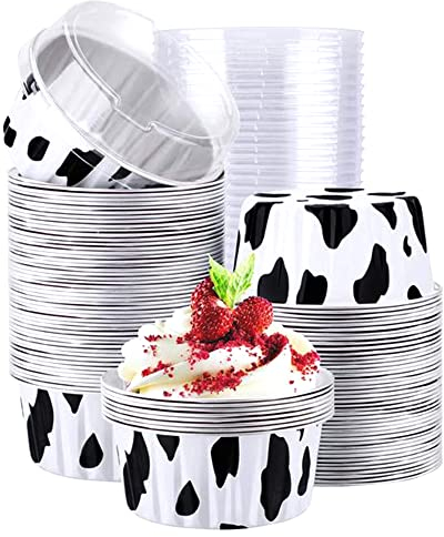 Aluminum Ramekins with Lids, 50pcs 5oz Aluminum Foil Baking Cups, Recyclable Foil Ramekins Muffin Liners, Aluminum Foil Dessert Containers Cupcake Holders Pans with Lids Cow Color