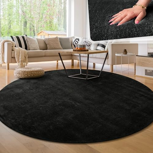 Paco Home Moderner Kuscheliger Wohnzimmer Teppich Kurzflor waschbar flauschig Weich Einfarbig Felloptik zeitlos stilvoll rutschfest pflegeleicht, Grösse:160 cm Rund, Farbe:Schwarz