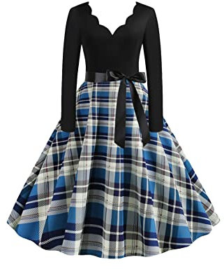 YMING Femmes Robe Longueur Genou Robe De Soirée Sexy Robes De Bal Élégantes Robe à Carreaux Bleu Blanc XL