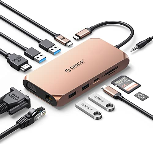 USB HUB Docking Station, ORICO 12 in 1 Adattatore USB C, con 4 K HDMI, 100 W Power Delivery, 1 Gbps Ethernet, 4 porte dati USB 3.0, lettore di schede SD e microSD, 1080P VGA, audio 3,5 mm