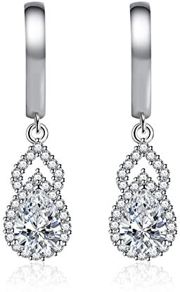 Ohringe Damen Weiß, Creolen Hohle Doppelte Tropfenform Ohrringe Zirkonia Kupfer 32.5x8.9mm Schmuck Mama