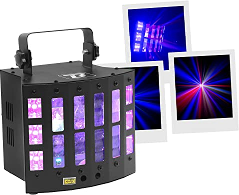 BoomToneDJ DerbyFX 4-in-1 Derby LED RGBWAPY 9x3W UV Stroboskop, LZR rot und grün Lichtspiele, DJ Party Beleuchtung, DMX-Steuerung, automatische Shows, Musikerkennung, Fernbedienung im Lieferumfang