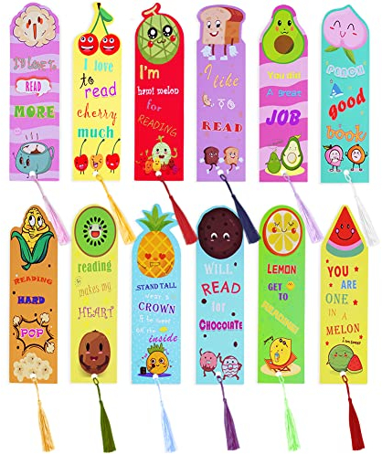 AUAUY 12pcs Lesezeichen für Kinder mit Bunten Seidenquasten, Steifes Papier Bookmark, Fruchtmuster Duftendes Lesezeichen, Kleine Geschenke für Schüler Lehrer Buchliebhaber, Mitgebsel Kindergeburtstag
