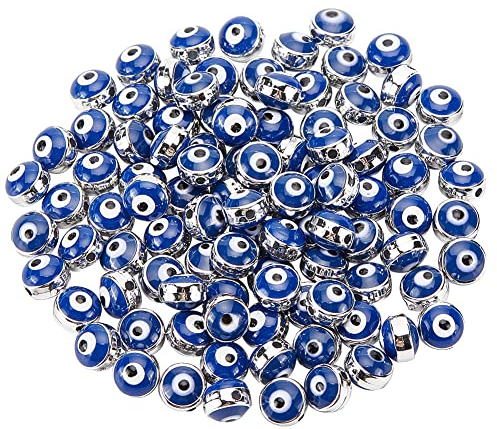 NBEADS 100pz Smalto Perline Evil Eye, Perline Rotonde Piatte di l'Occhio Diabolico Da 8 mm con Bordo D'Argento Perline Distanziatrici Turche di l'Occhio Diabolico per La Creazione di Gioielli Collana