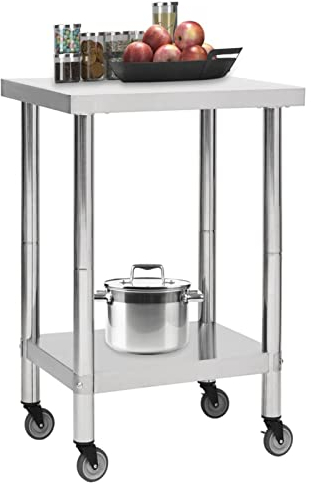 Keketa Küchen-Arbeitstisch mit Rollen Zubereitungstisch Gewerbe Küchentisch Küchenarbeitsbank Arbeitstisch für Küche, Restaurant Schule und Gewerbe 60x60x85 cm Edelstahl