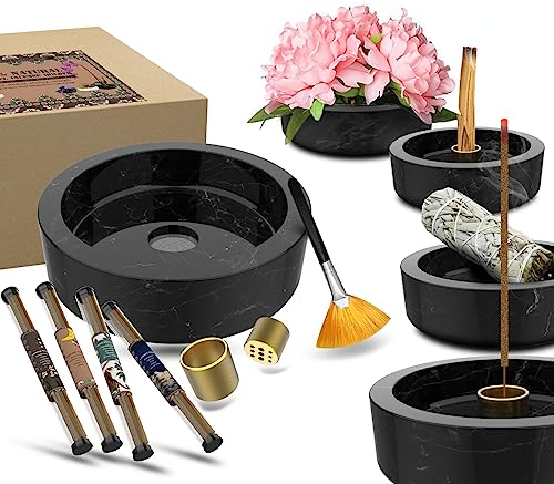 Porta Incienso, Quemador Palo Santo, 6-In-1 Multifuncional Natural Mármol Porta Incienso Varilla para Incienso Cono con Incienso como Regalo Quemadores De Incienso (Negro)