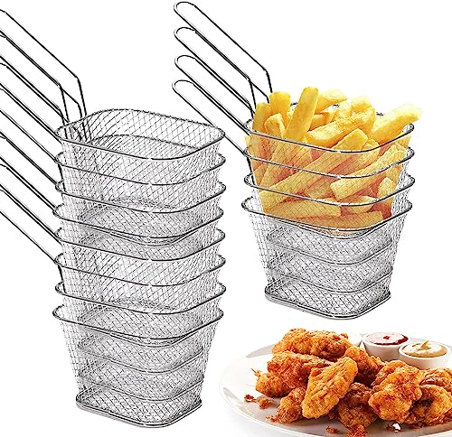 CYNNXIA Chip Serving Frying Baskets 12 Pcs Mini Chip Baskets with Handle for Serving, Stainless Steel French Fries Holder Food Presentation Basket for Chips Onion Rings Chicken Table Serving Food