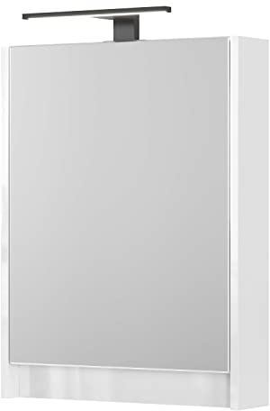 Planetmöbel Spiegelschrank Bad mit Beleuchtung 50 x 65 x 11,4 cm, weiß Hochglanz, Badezimmerschrank mit Spiegel und LED Aufbauleuchte