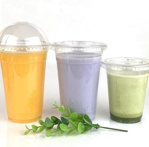 We Can Source It Ltd - rPET Plastic Smoothie Cups 12oz with Flat Lids and Straw Slots – Clear Cold Drink Cups for Milkshakes, Iced Drinks – Stackable and Strong Disposable Tumblers - Pack of 100