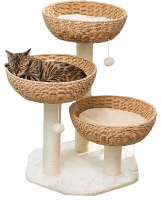 SHENGOCASE Cat Tree Tower with Rattan Wicker Basket, 3 Handwoven Large Nest Baskets Bed, Window Perch for Large Cats up to 20LBS