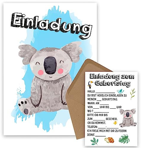 OWLBOOK Koala Safari 25 Einladungskarten Kindergeburtstag Junge Mädchen Kinder - Wilde Tiere Geburtstag - Kindergeburtstagseinladungen Wald Tiere Zoo Dschungel Einladungen zum Ausfüllen mit