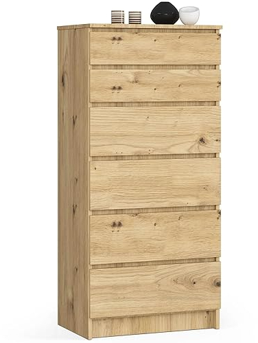 AKORD | Kommode K60 mit 6 Schubladen | für das Wohnzimmer Schlafzimmer Schrank Büro Arbeitszimmer | Modernes Funktionales Design | B60 x H130 x T40 cm, Gewicht 43kg | Eiche Artisan