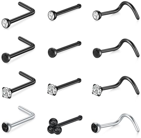Rajnard Schwarzer Nasenring Studs Schraubensatz Edelstahl 0.6/0.8/1.0mm Nostril 7mm Bar für Frauen Männer Piercing Schmuck 22g / 20g / 18g