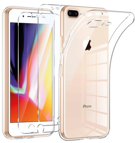 Phoona Coque pour iPhone 7 Plus / 8 Plus avec 2 Pièces Protection Écran en Verre Trempé,Ultra Transparente Silicone en Gel TPU Souple pour iPhone 7 Plus Couqe,Antichoc Anti-Jaune Etui Bumper