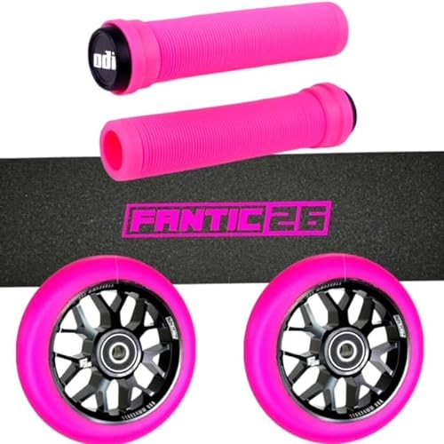 Fantic26 Stunt-Scooter Trick Roller Ersatzteile Bundle I ODI SL Soft Griffe mit Barends I F26 SPy7 110mm Abec11 Rollen I Griptape Basic Schwarz/Pink